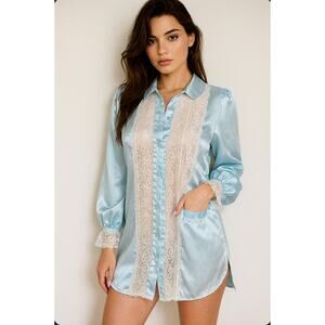 Bert Yelin for Iris Blue Satin Sleep Shirt Dress Lace Sexy Feminine Bridal Large